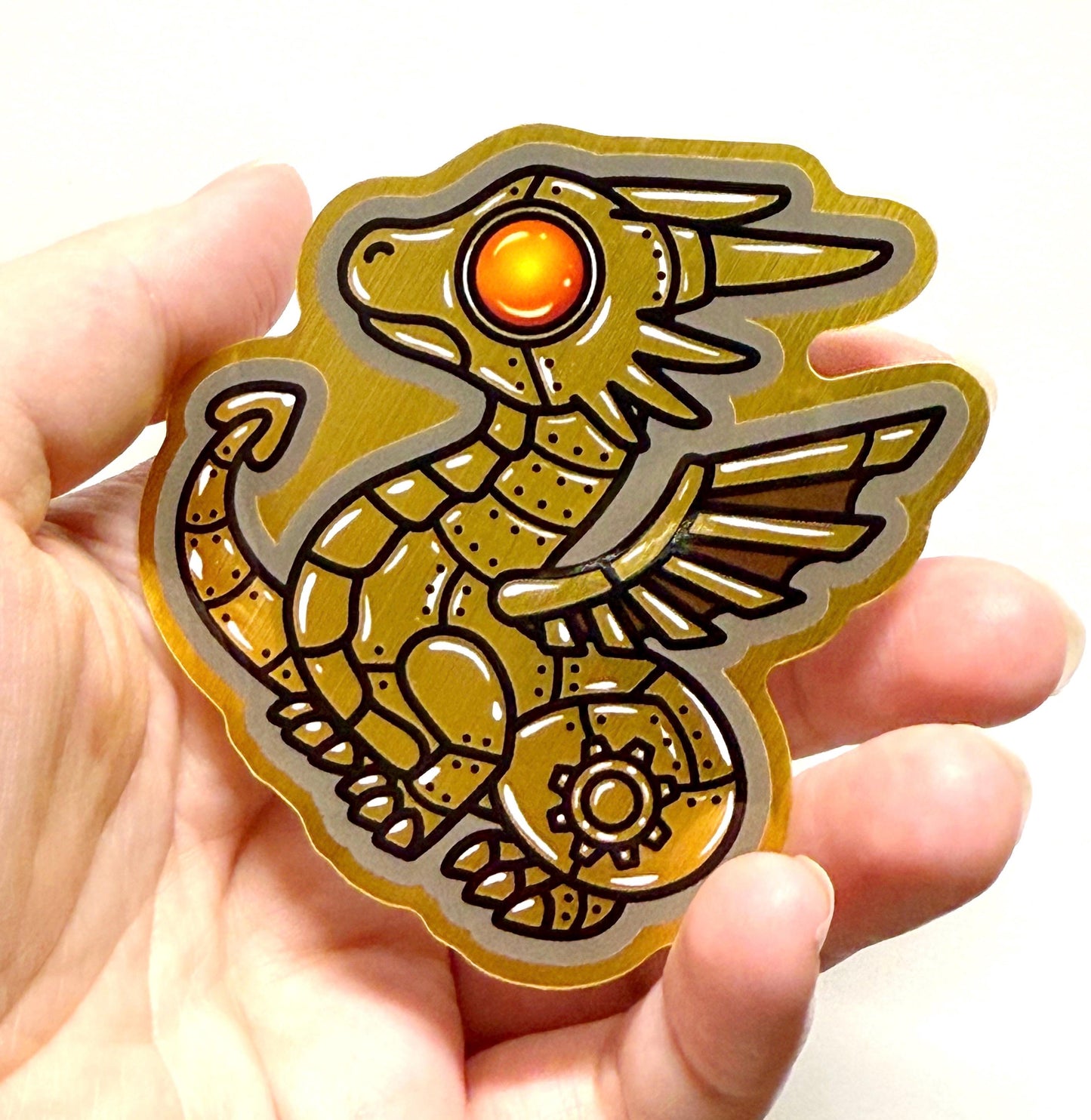 Steampunk Dragon Metallic Brushed Gold Sticker 3 inch
