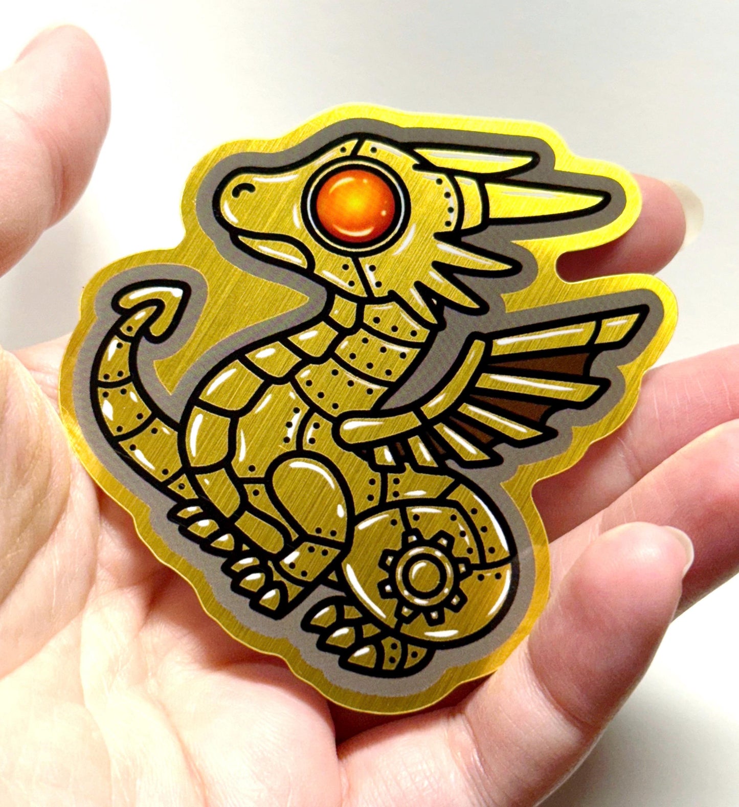 Steampunk Dragon Metallic Brushed Gold Sticker 3 inch