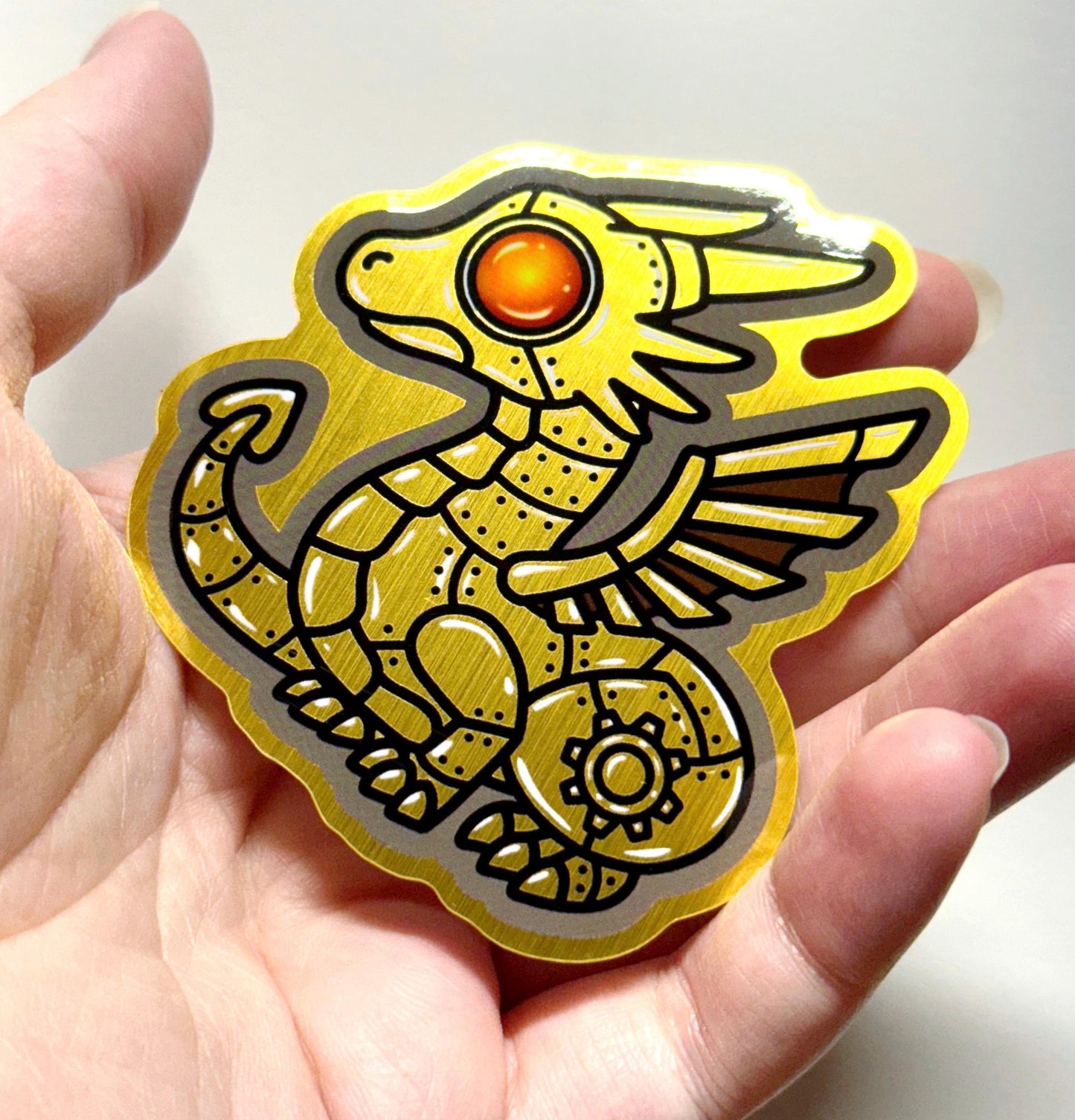 Steampunk Dragon Metallic Brushed Gold Sticker 3 inch