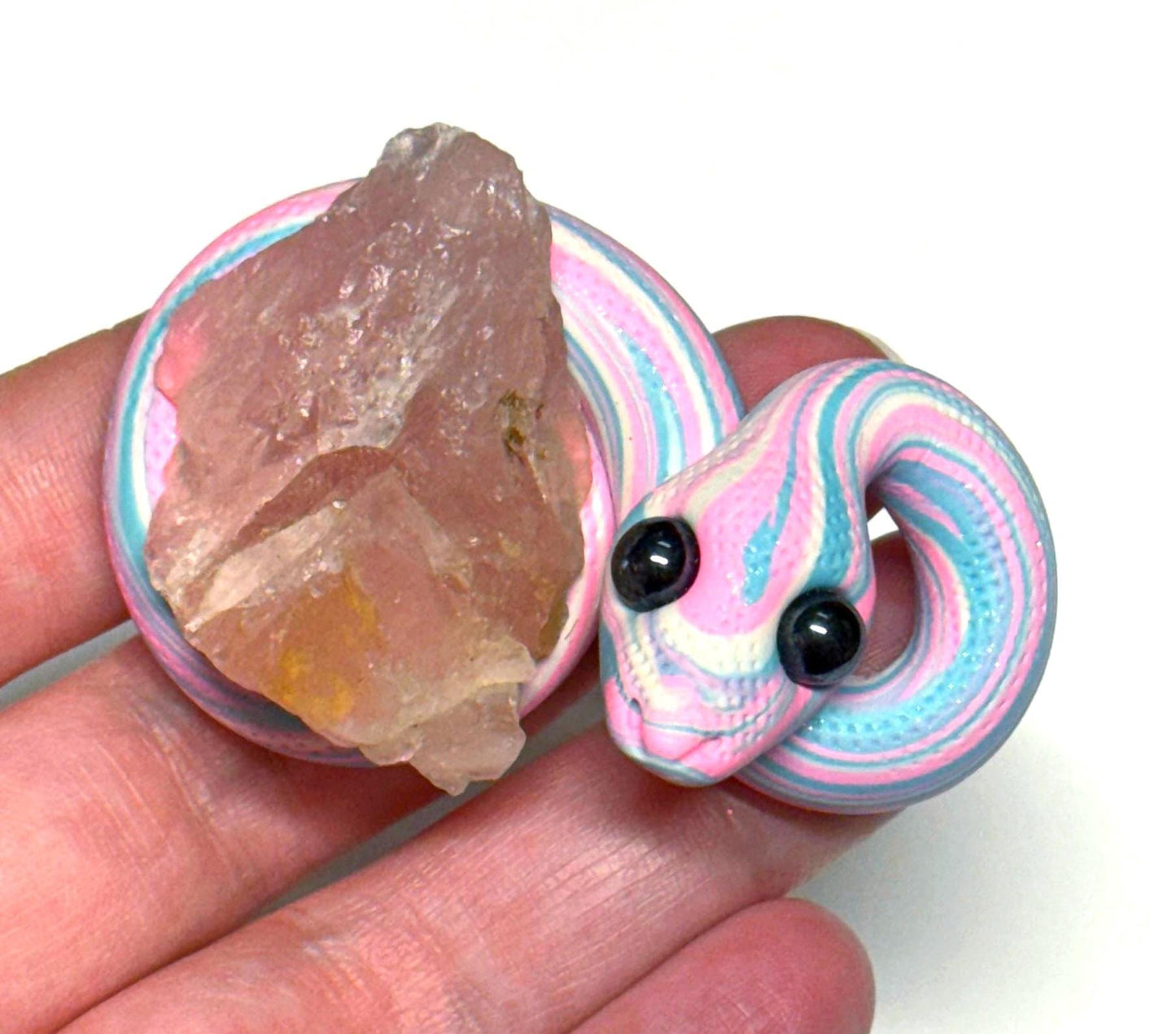 Trans Pride Snake rose quartz crystal LGBTQIA Flag Handmade Sculpture