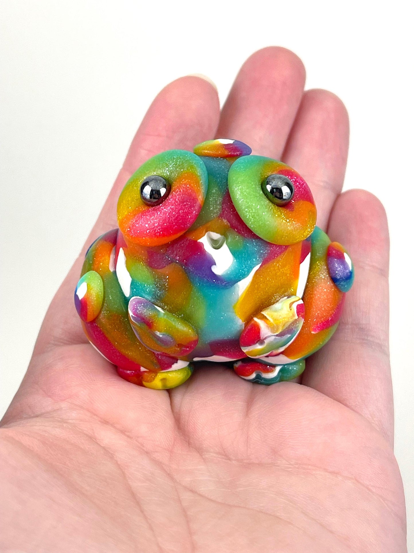 Handmade Rainbow glitter LGBT Pride frog sculpture one of a kind ooak