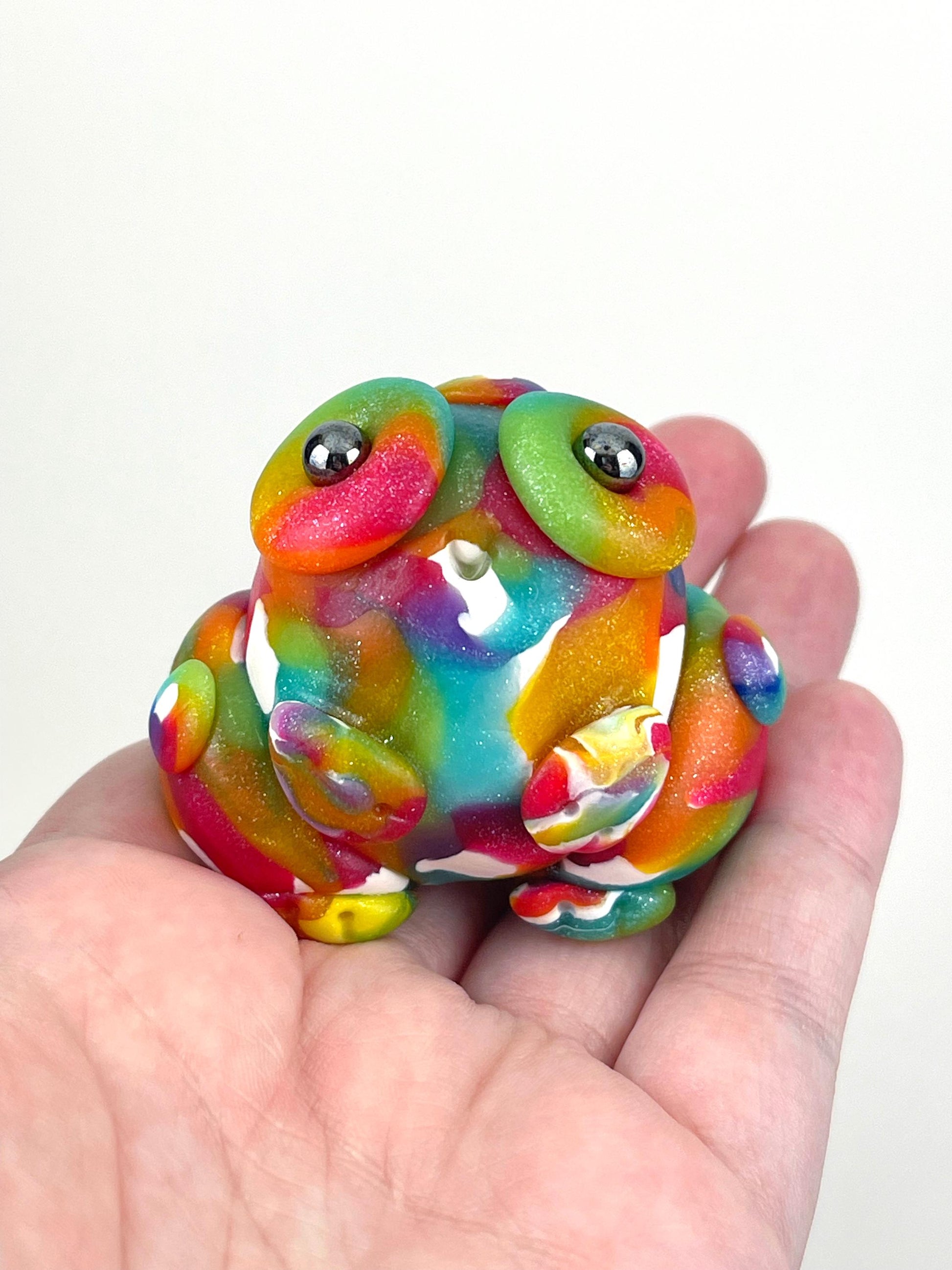 Handmade Rainbow glitter LGBT Pride frog sculpture one of a kind ooak