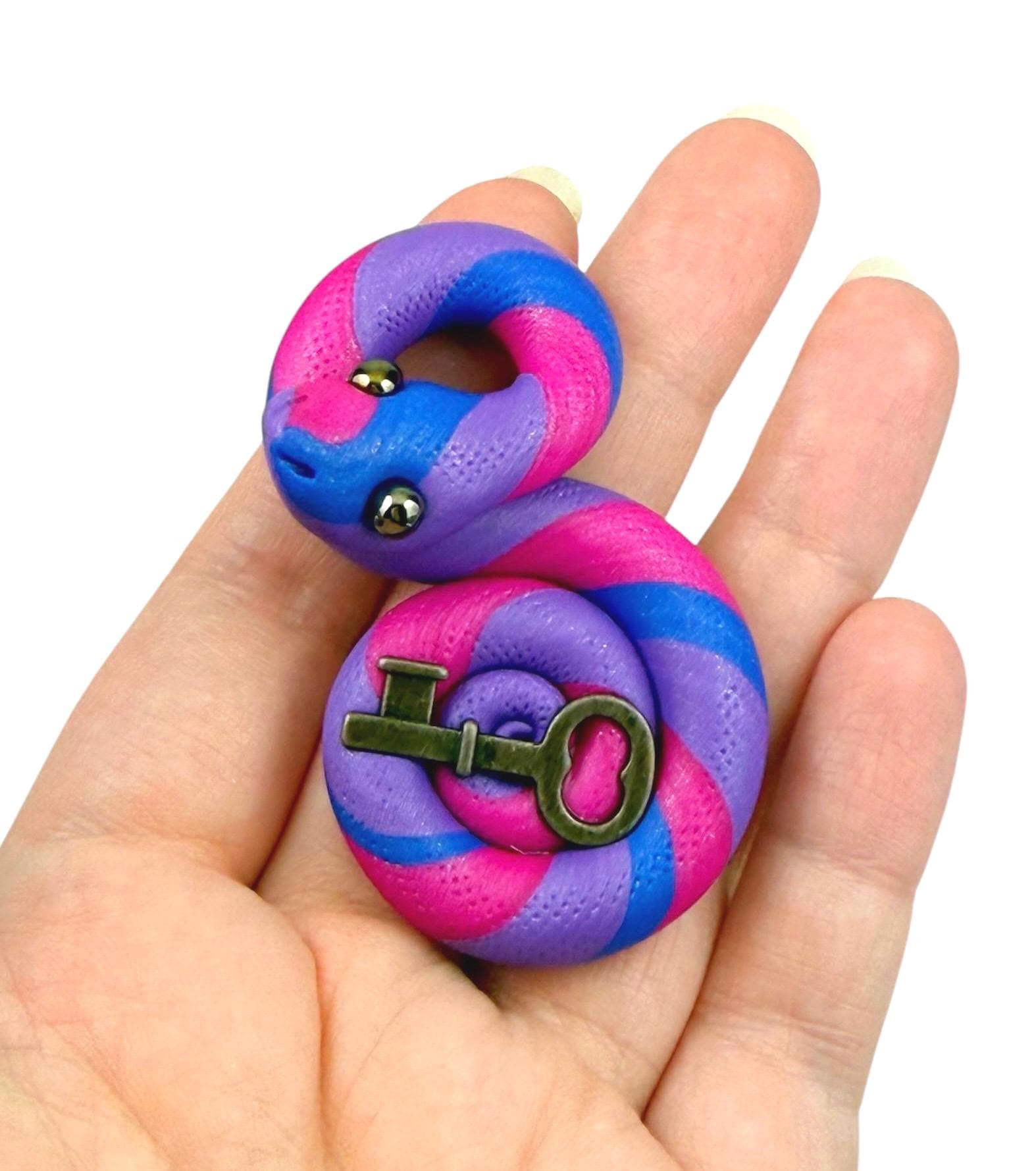 Bi Pride Snake LGBTQIA Flag Handmade Sculpture with bronze key