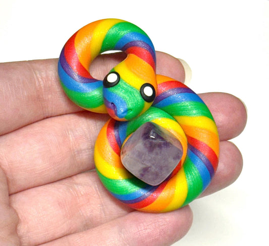 Pride Snake LGBTQIA Flag Handmade Sculpture with amethyst cube