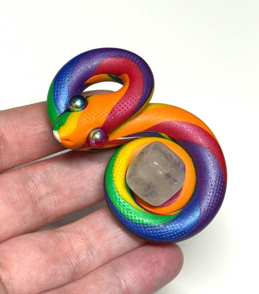Pride Snake LGBTQIA Flag Handmade Sculpture with quartz cube