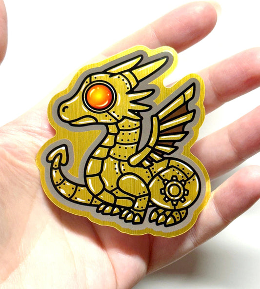 Steampunk Dragon Metallic Brushed Gold Sticker 3 inch