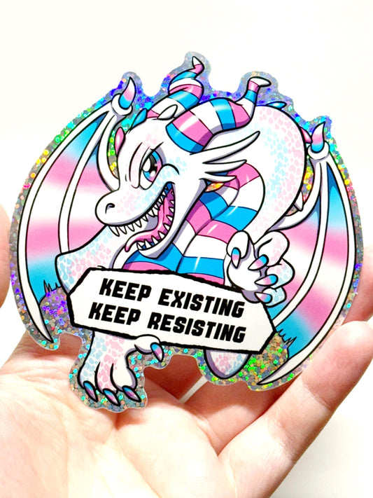 Trans Resist Dragon Holo Pride Sticker 4 inch