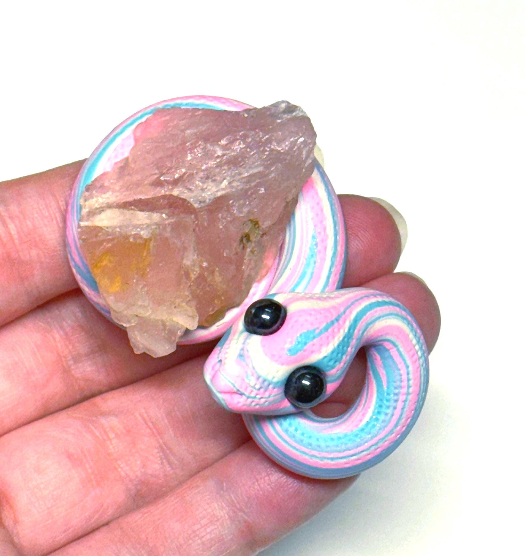 Trans Pride Snake rose quartz crystal LGBTQIA Flag Handmade Sculpture