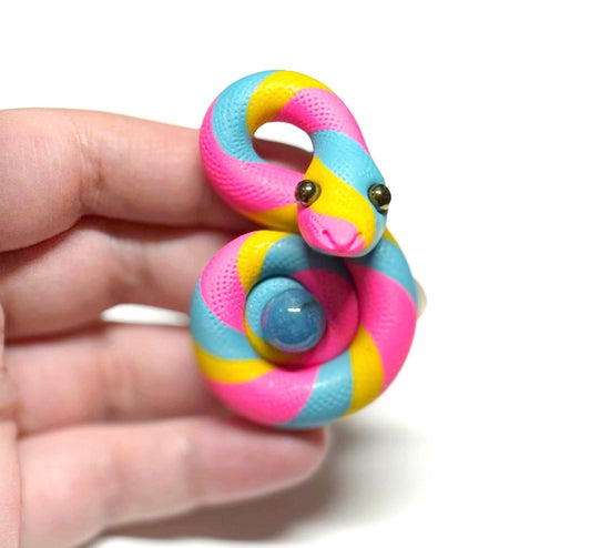 Pride Snakes Pan with aquamarine crystal ball LGBTQIA Flag Handmade Sculpture pansexual