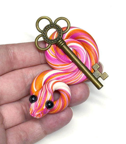 Lesbian Pride Snake with key LGBTQIA Flag Handmade Sculpture