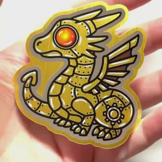 Steampunk Dragon Metallic Brushed Gold Sticker 3 inch