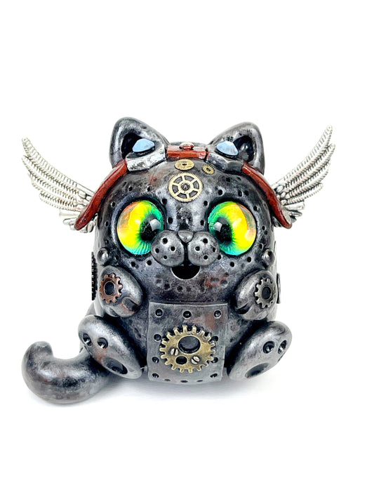 Handmade Steampunk Pilot Cat sculpture one of a kind ooak