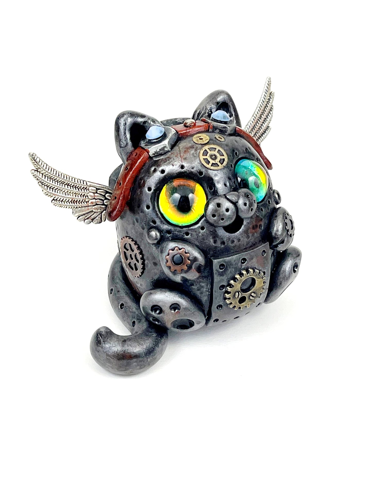 Handmade Steampunk Pilot Cat sculpture one of a kind ooak