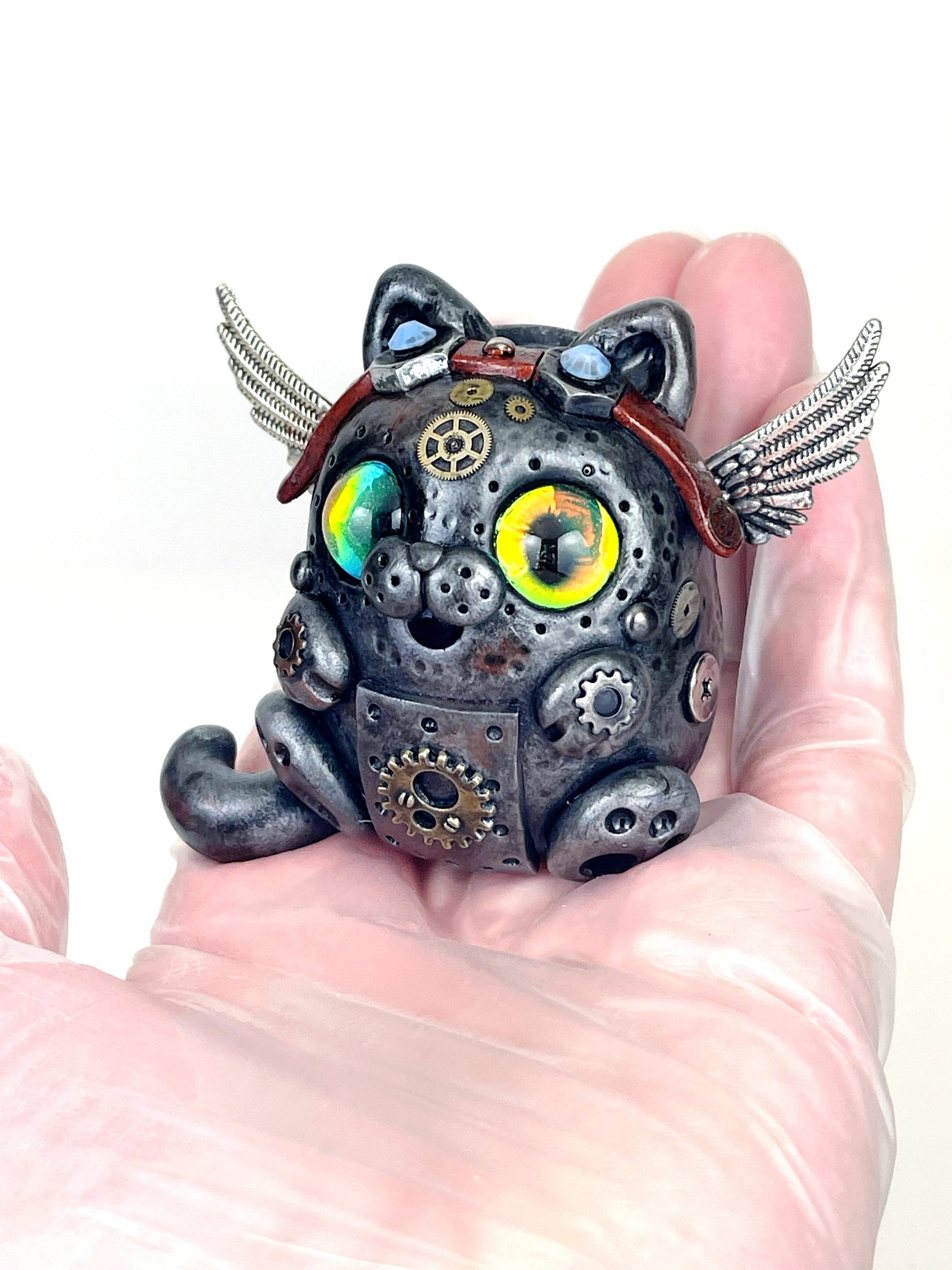 Handmade Steampunk Pilot Cat sculpture one of a kind ooak