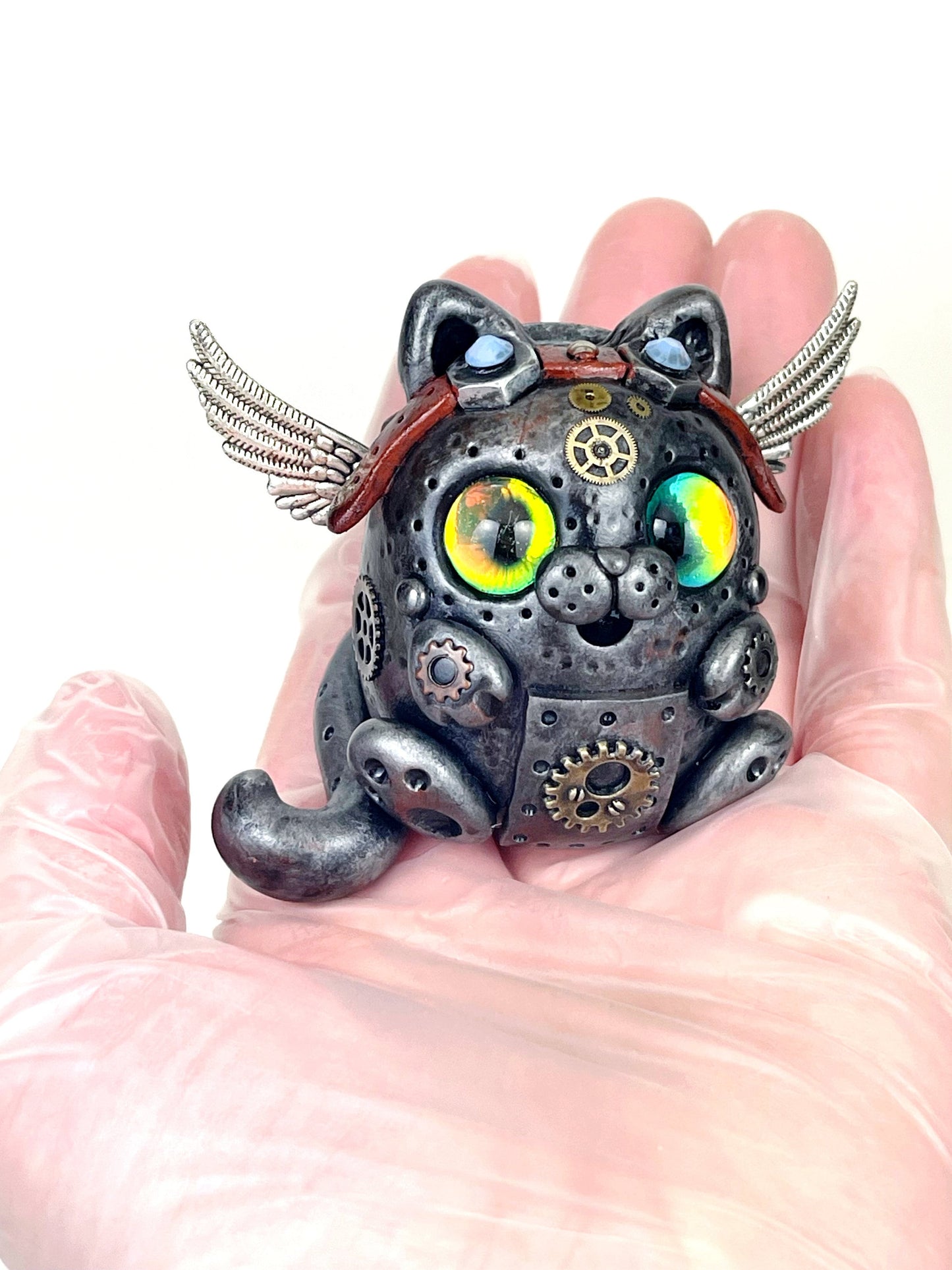 Handmade Steampunk Pilot Cat sculpture one of a kind ooak