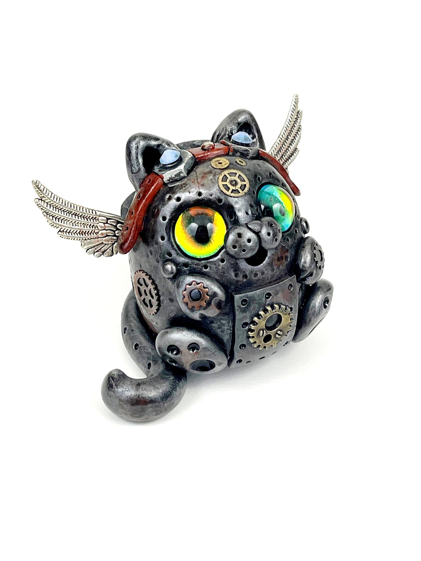 Handmade Steampunk Pilot Cat sculpture one of a kind ooak