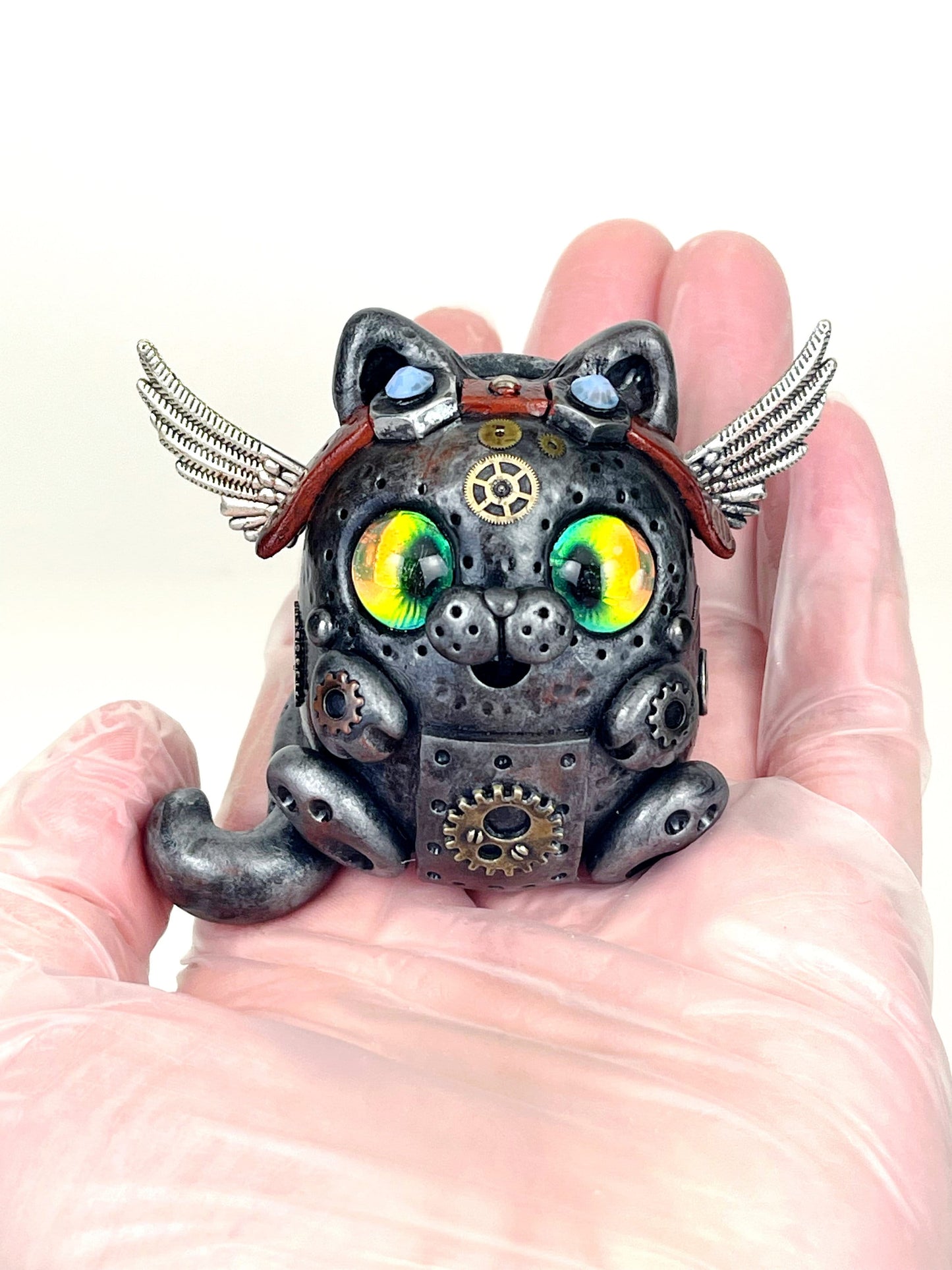 Handmade Steampunk Pilot Cat sculpture one of a kind ooak