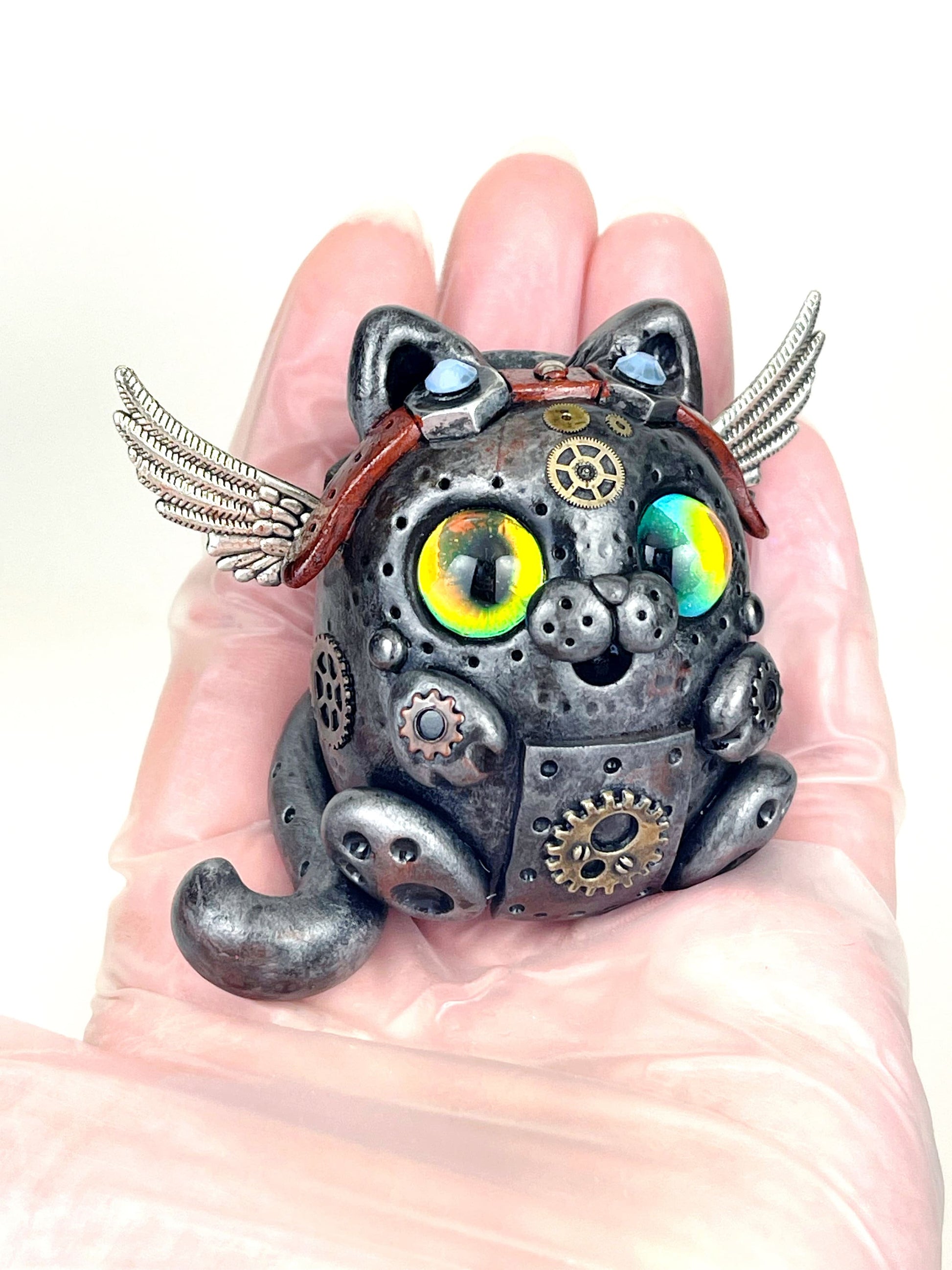 Handmade Steampunk Pilot Cat sculpture one of a kind ooak