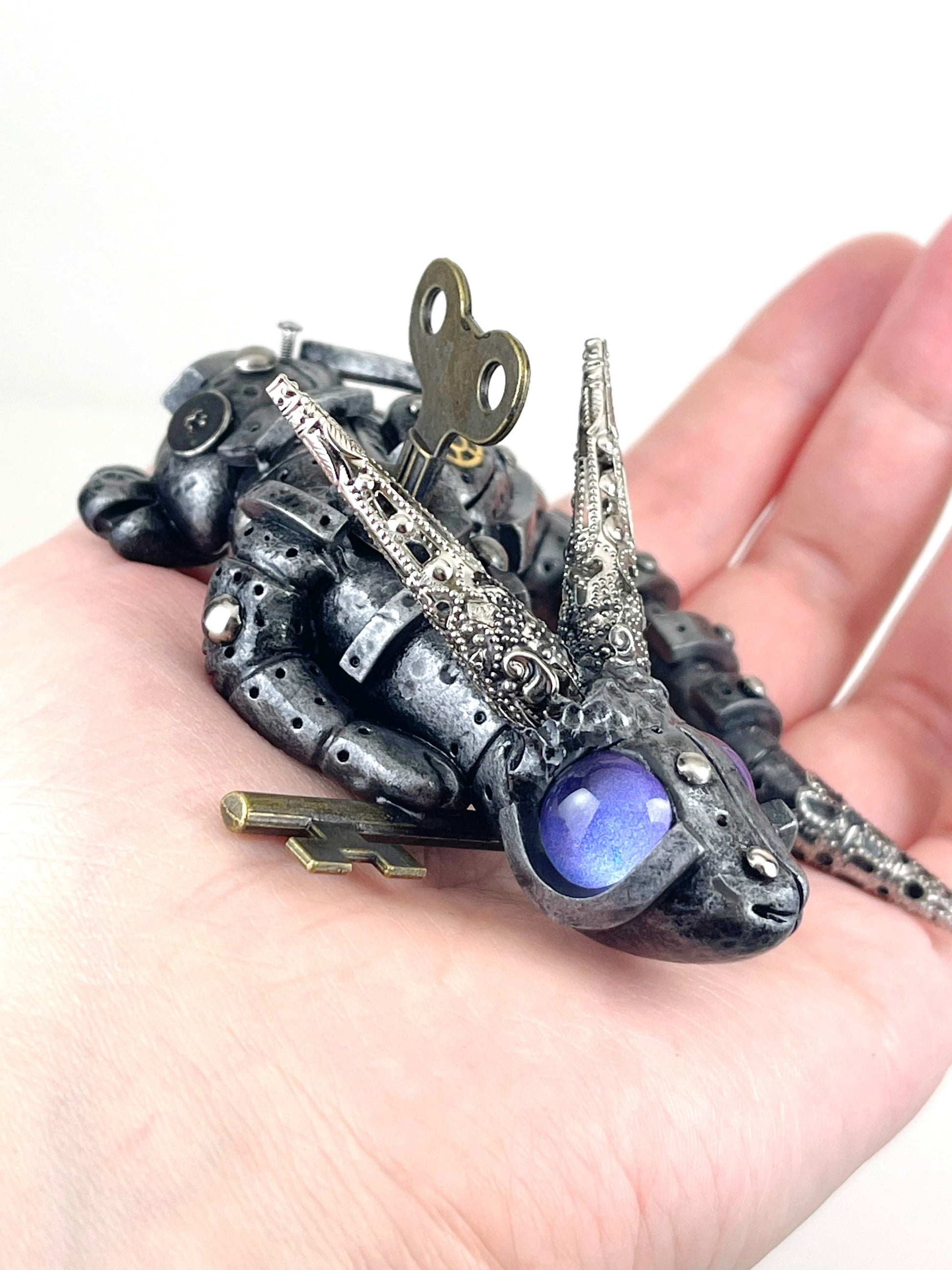 Handmade Steampunk dragon with key sculpture one of a kind ooak